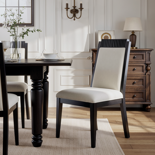 Sunvega Modern Wood Dining Side Chair with Black Frame and Ivory Upholstery Set of 2