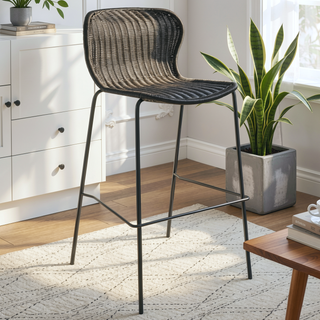 Sunvega Brown Faux Rattan Metal Bar Stool Set with a Sleek Modern Frame