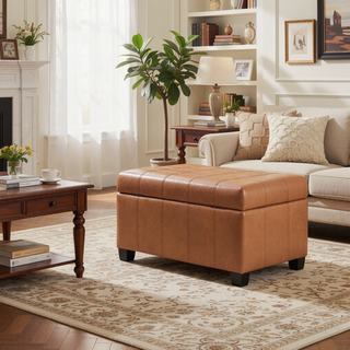 Sunvega Fabric Ottoman with Tufted Waffle Lid and Soft-Closing Hinges for Storage