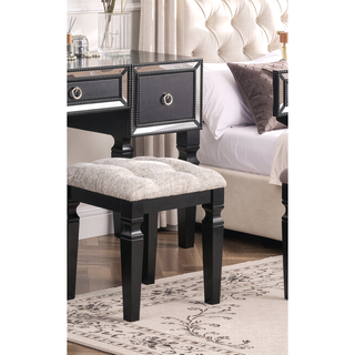 Sunvega Traditional Black Rubber Wood Vanity Set with Tri-Fold Mirror and Tufted Stool