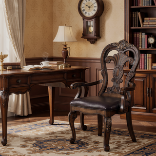 Sunvega Traditional Dark Brown Solid Wood Dining Chair with Ornate Corbels