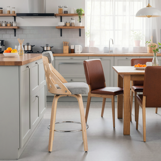 Sunvega Mid-Century Modern Natural Wood Lattice Back Counter Stool with Grey Fabric