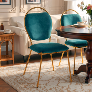 Sunvega Keyhole Design Gold Metal Frame and Green Velvet Upholstery Dining Chair Set
