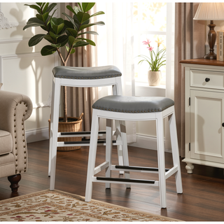 Sunvega Natural Finish Saddle Leather Seat Counter Stool with Footrest and Nail Head Trim