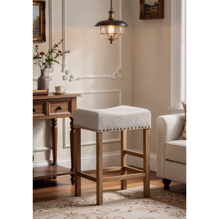 Sunvega Tan Linen & Weathered Oak Finish Counter Height Armless Stool Set of 2