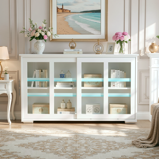 Sunvega White Kitchen Storage Stand Cupboard With Glass Door And Adjustable Shelves