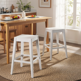 Sunvega Set of 2 White Farmhouse Counter Stools with Wooden Look