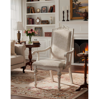 Sunvega Antique White 2pc Arm Chair with Upholstered Seat and Intricate Wood Inlay