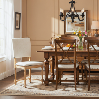 Sunvega Vintage Traditional Upholstered Dining Bench with 6 Solid Wood Legs Natural