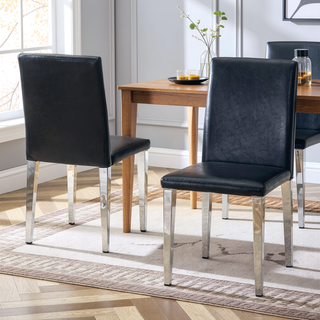 Sunvega Black PU Dining Chairs with Silver Metal Legs and High Elasticity Sponge Filling for Living Room