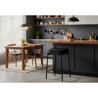 Sunvega Set Of 2 Black Leather Look Backless Barstools With Padded Seats And Footrest