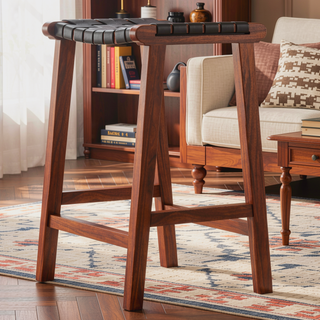 Sunvega Mid-Century Modern Genuine Leather Upholstered Walnut Wood Bar Stool