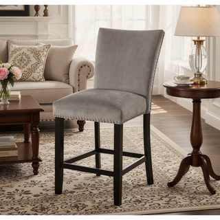 Sunvega Light Gray Flannelette Dining Chairs with Nailhead Trim and Black Wood Legs