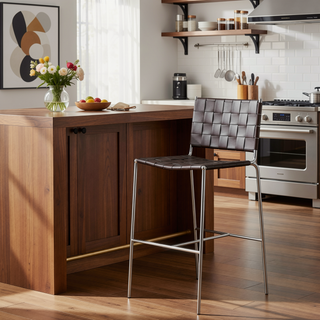 Sunvega Mid-Century Brown Faux Leather Upholstered Bar Chair with Chrome Frame