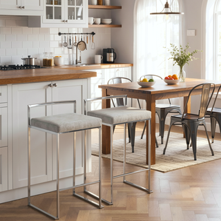 Sunvega Contemporary Stackable Counter Stool with Light Grey Cowboy Fabric Cushion Set of 2