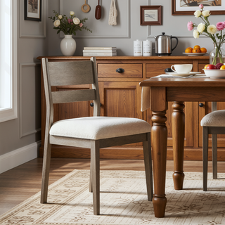 Sunvega Modern Farmhouse Wood Dining Chair with Textured Cream Upholstery Set of 2