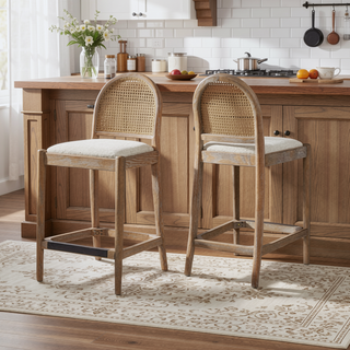 Sunvega Natural Oak and Cane Rattan Counter Stools with Black Boucle Upholstery