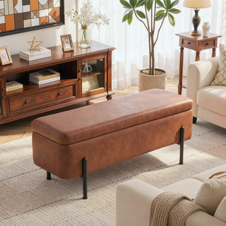 Sunvega Contemporary Black Steel Faux Leather Storage Bench with Flip Top Lid