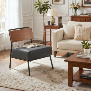 Sunvega Fiji Contemporary Accent Chair in Grey Faux Leather with Walnut Wood