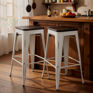 Sunvega Industrial Farmhouse Stackable Bar Stools in Vintage White and Espresso