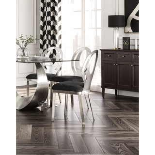 Sunvega Contemporary Silver Metal Frame Oval Back Dining Chairs with Black Microfiber Seat