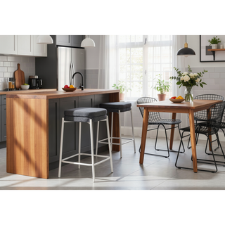 Sunvega Set of 2 Grey Fabric Backless Barstools with White Metal Legs and Footrest