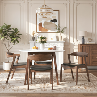 Sunvega Mid-Century Modern Walnut Solid Wood Black Leather Dining Chair Set