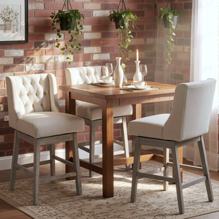 Sunvega Set of 2 Swivel Bar Stools with Button Tufted Backs and Wood Footrests