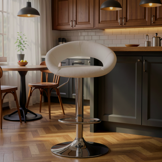 Sunvega Adjustable Height Bar Stool Upholstered in White Faux Leather Set of 2