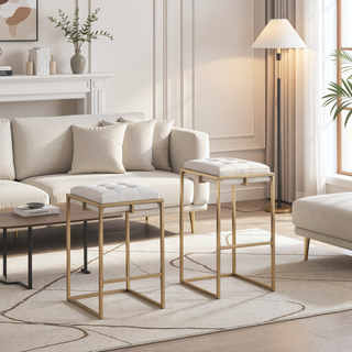 Sunvega Beige and Gold Tufted Cushion Stools with Square Design for Modern Interiors