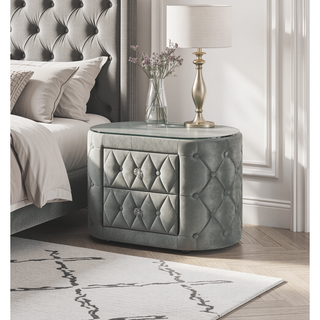 Sunvega Modern Gray Tufted Upholstery Nightstand with 8mm Glass Top and Two Drawers
