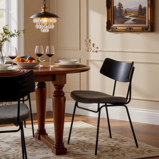 Sunvega Mid-Century Modern Black Metal and Dark Grey Faux Leather Dining Chairs