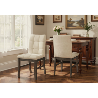 Sunvega Cream Fabric Upholstered Dining Chairs with Grey Solid Wood Frame Set of 2