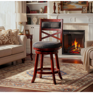 Sunvega 24 Inch Counter Height X-Back Swivel Stool with Beige Fabric Seat and Cherry Finish