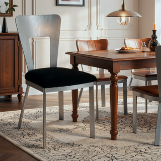 Sunvega Contemporary Silver Metal Frame Oval Back Dining Chairs with Black Microfiber Seat