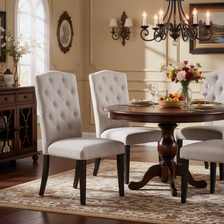 Sunvega Beige Linen Upholstered Dining Chairs with Weathered Espresso Wooden Legs Set of 2