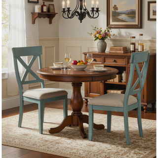Sunvega Antique Blue Wood Cross Back Upholstered Dining Chairs with Tan Fabric Seat