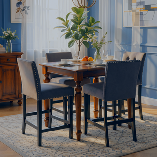 Sunvega Gray Velvet Counter Stools with Nailhead Trim and Floor Protectors Set of 2