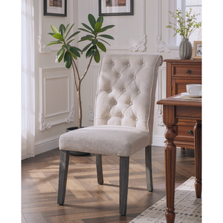 Sunvega Beige Linen and Gray Finish Side Chair with Tufted Backrest and Cushioned Seat