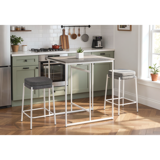 Sunvega Set of 2 Grey Fabric Backless Barstools with White Metal Legs and Footrest