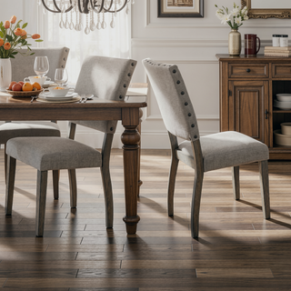 Sunvega Antique Light Gray Fabric Upholstered Dining Chair Set of 2 with Nailhead Trim