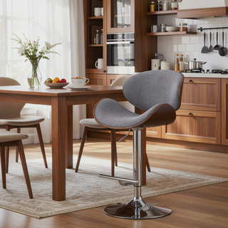 Sunvega Bentwood Adjustable Swivel Bar Stool with Grey Linen Fabric and Walnut Veneer