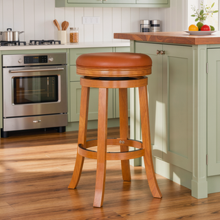 Sunvega 30 Inch Bar Stool with Beige Fabric Seat and Cherry Finish