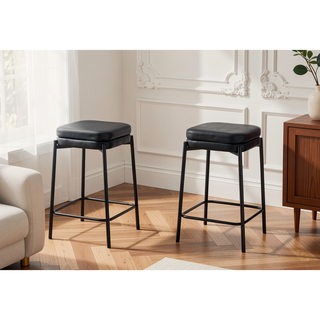 Sunvega Set Of 2 Black Leather Look Backless Barstools With Padded Seats And Footrest