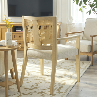 Sunvega Mid-Century Modern Cane Back Arm Dining Chairs with Upholstered Seat Set of 2