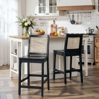 Sunvega Transitional Solid Wood and Rattan Counter Stool Set with Woven Upholstery