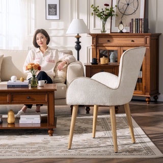 Sunvega Beige Boucle Upholstered Side Chair with Oak Finish and Metal Legs