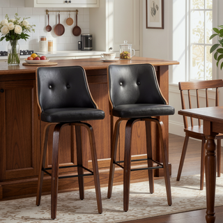 Sunvega PU Leather Swivel Barstools with Tufted Back and Footrest Set of 2 Black
