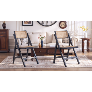 Sunvega Modern Industry Chic Cane Folding Dining Chair Set of 2 in Black and Natural