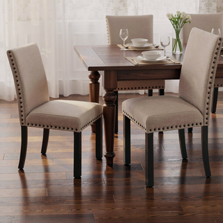 Sunvega Natural Linen Blend Upholstered Counter Dining Chair Set with Antique Gray Wood Legs